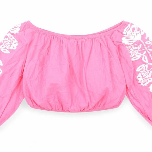 Marks and Spencer Womens Pink Cotton Cropped Blouse Size 18 Boat Neck - Flower Detail