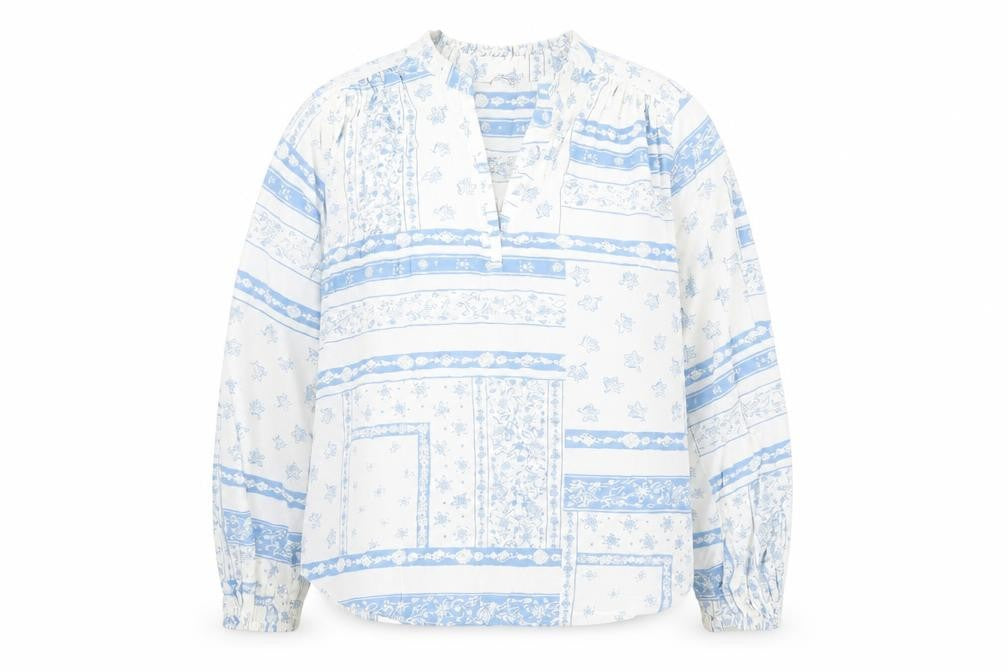 Front view of Marks & Spencer women’s white geometric viscose basic blouse, size UK 8, v-neck