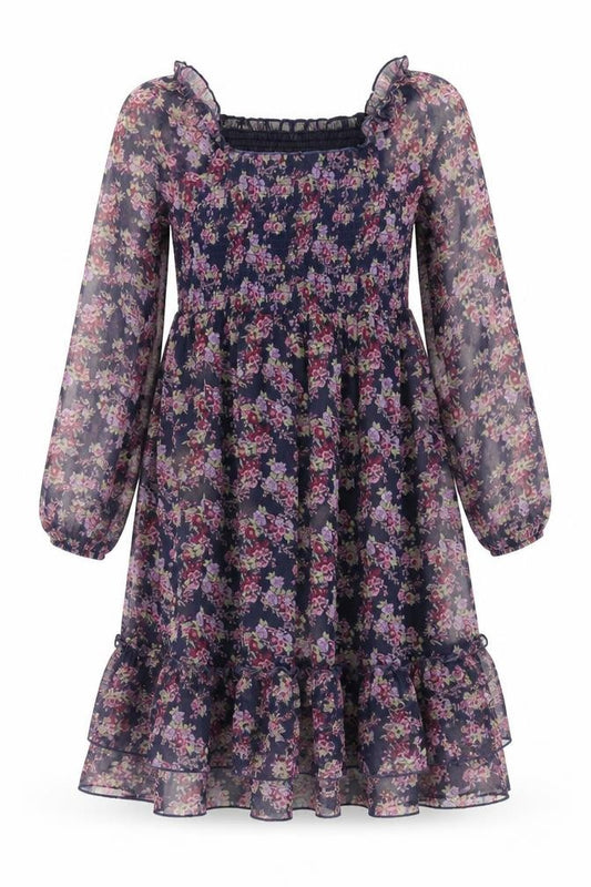 Front view of Next women’s purple floral polyester a-line, size UK 10, square neck pullover - shirred top