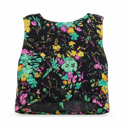 Preworn Womens Black Floral Cotton Cropped Tank Size S Boat Neck