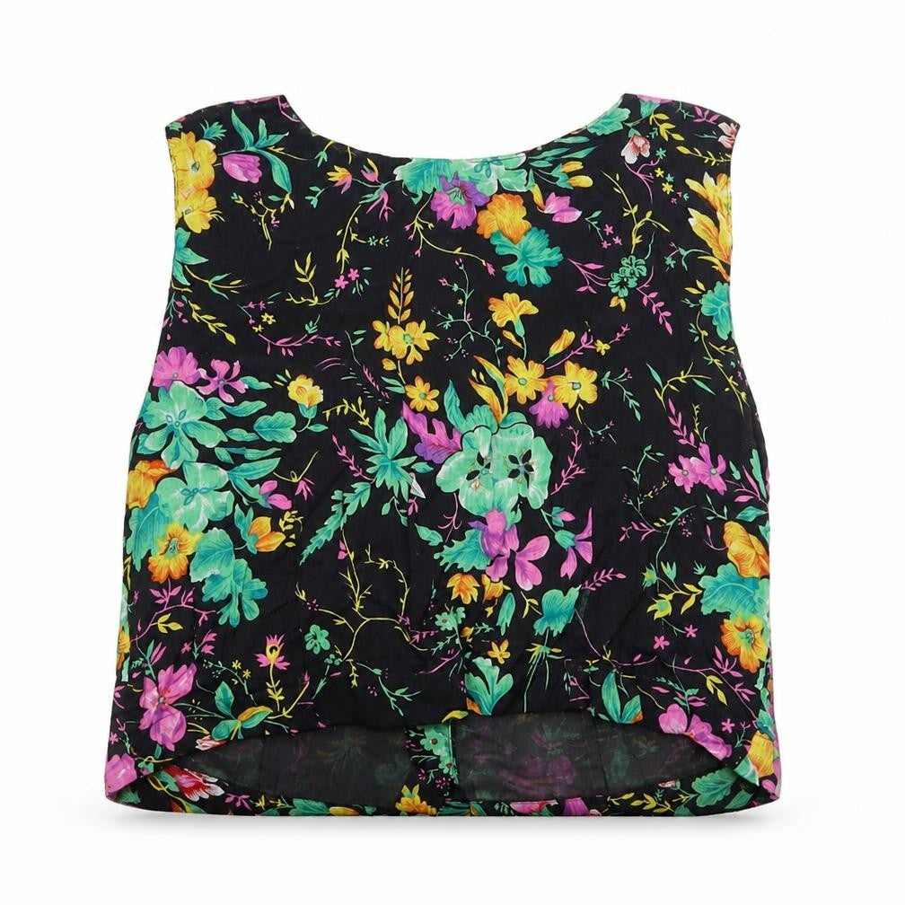 Preworn Womens Black Floral Cotton Cropped Tank Size S Boat Neck