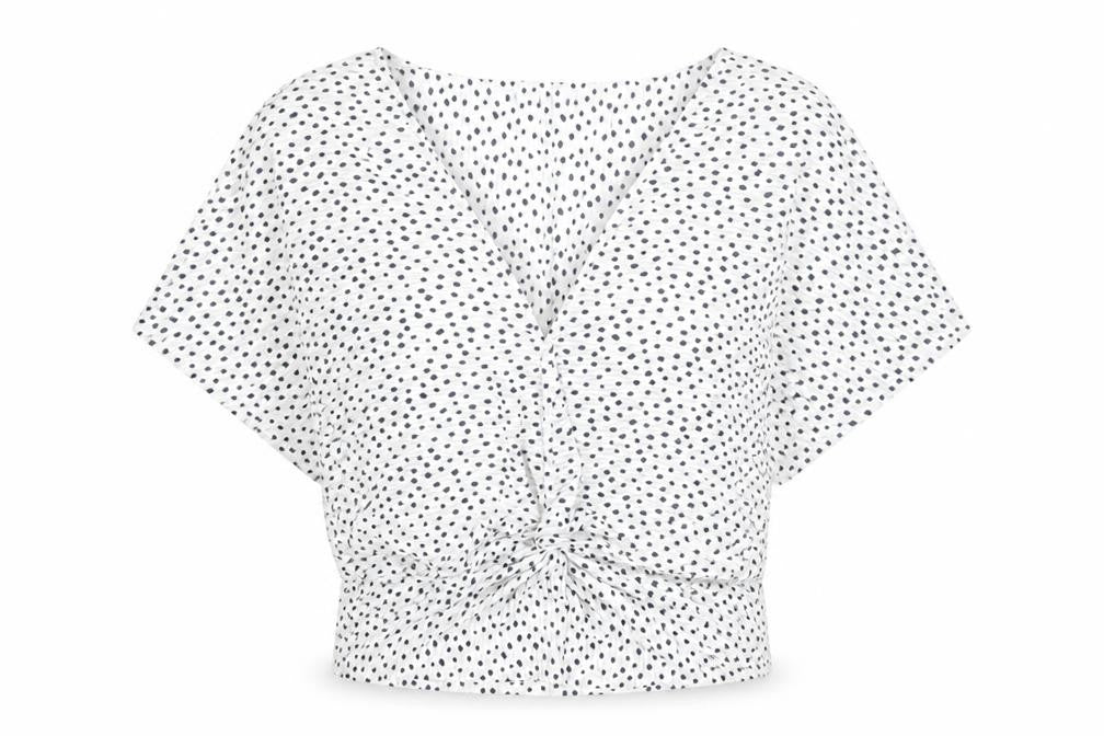Front view of Marks & Spencer women’s white geometric polyester basic blouse, size UK 6, v-neck - knot front