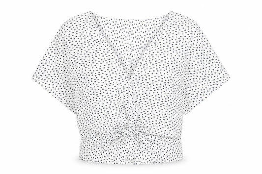 Front view of Marks & Spencer women’s white geometric polyester basic blouse, size UK 6, v-neck - knot front