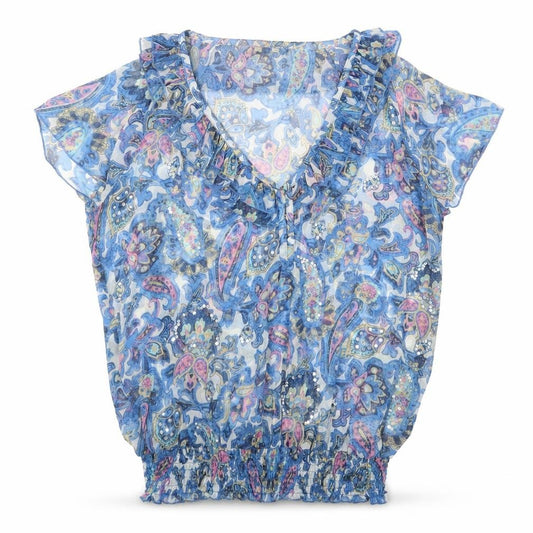 Front view of Red Herring women’s blue geometric polyester basic blouse, size UK 12, v-neck - shirred waistline