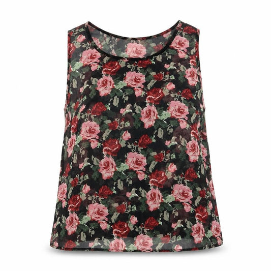 Front view of Select women’s black floral polyester basic tank, size UK 10, round neck