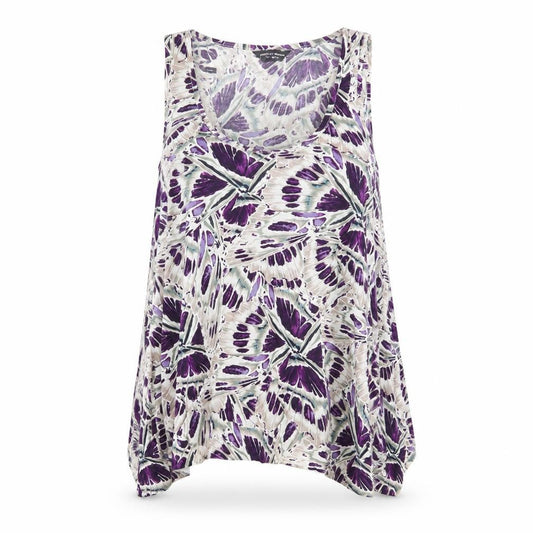 Front view of Dorothy Perkins women’s purple geometric viscose basic tank, size UK 12, scoop neck