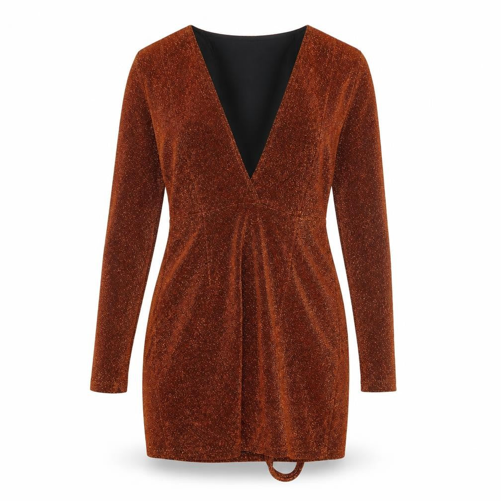 Front view of Misspap women’s brown polyester bodycon, size UK 6, v-neck pullover