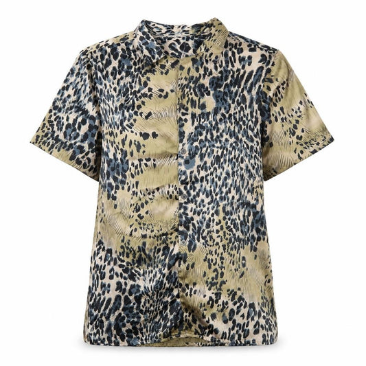 Front view of ANOTHER INFLUENCE women’s beige geometric polyester basic button-up, size S, collared