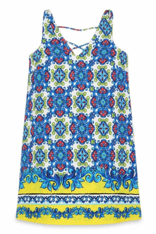 Front view of Papaya women’s blue geometric polyester shift, size UK 12, v-neck pullover