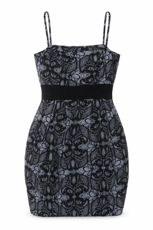 Front view of South women’s grey geometric polyester bodycon, size UK 12, square neck zip