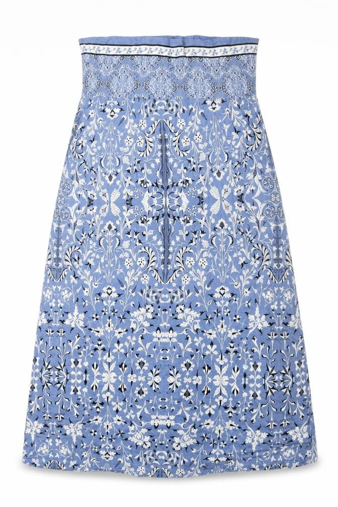 Front view of Max Studio women’s blue geometric cotton a-line, size M, square neck pullover
