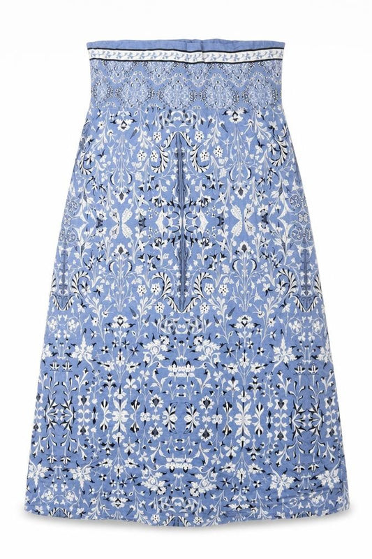 Front view of Max Studio women’s blue geometric cotton a-line, size M, square neck pullover
