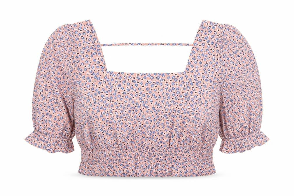 Front view of Pieces women’s pink floral polyester cropped blouse, size L, square neck