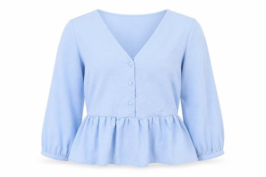 Front view of New Look women’s blue polyester basic blouse, size UK 6, v-neck