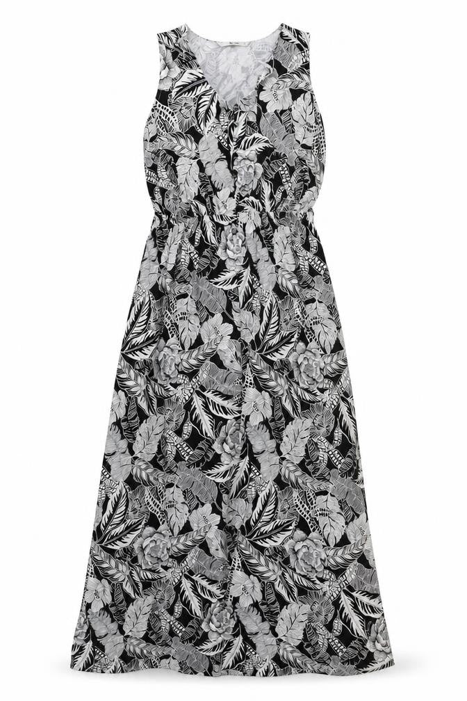 Front view of Tu women’s black floral polyester maxi, size UK 8, v-neck button