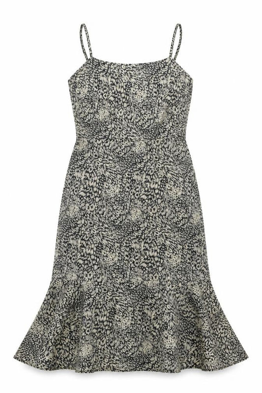 Front view of Oasis women’s beige animal print polyester a-line, size UK 12, square neck zip - leopard print