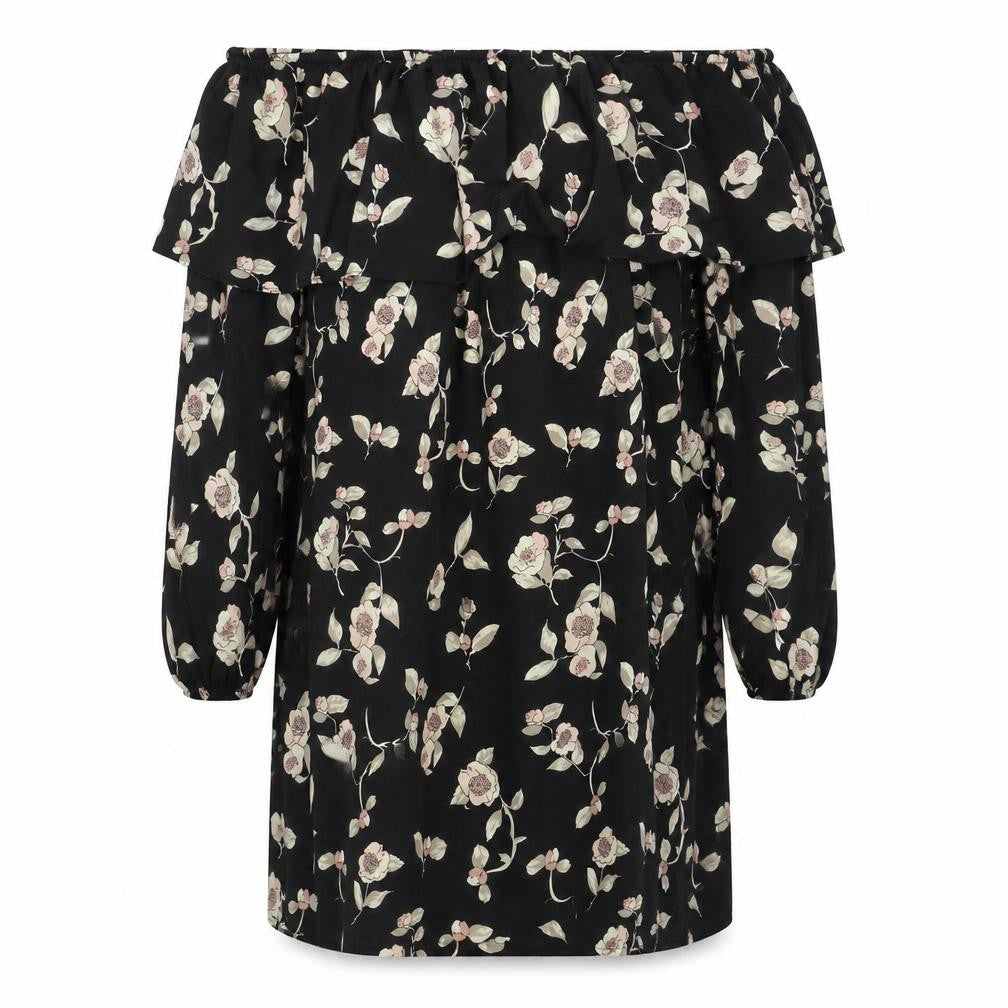 Front view of Glamorous women’s black floral polyester shift, size S, off the shoulder pullover