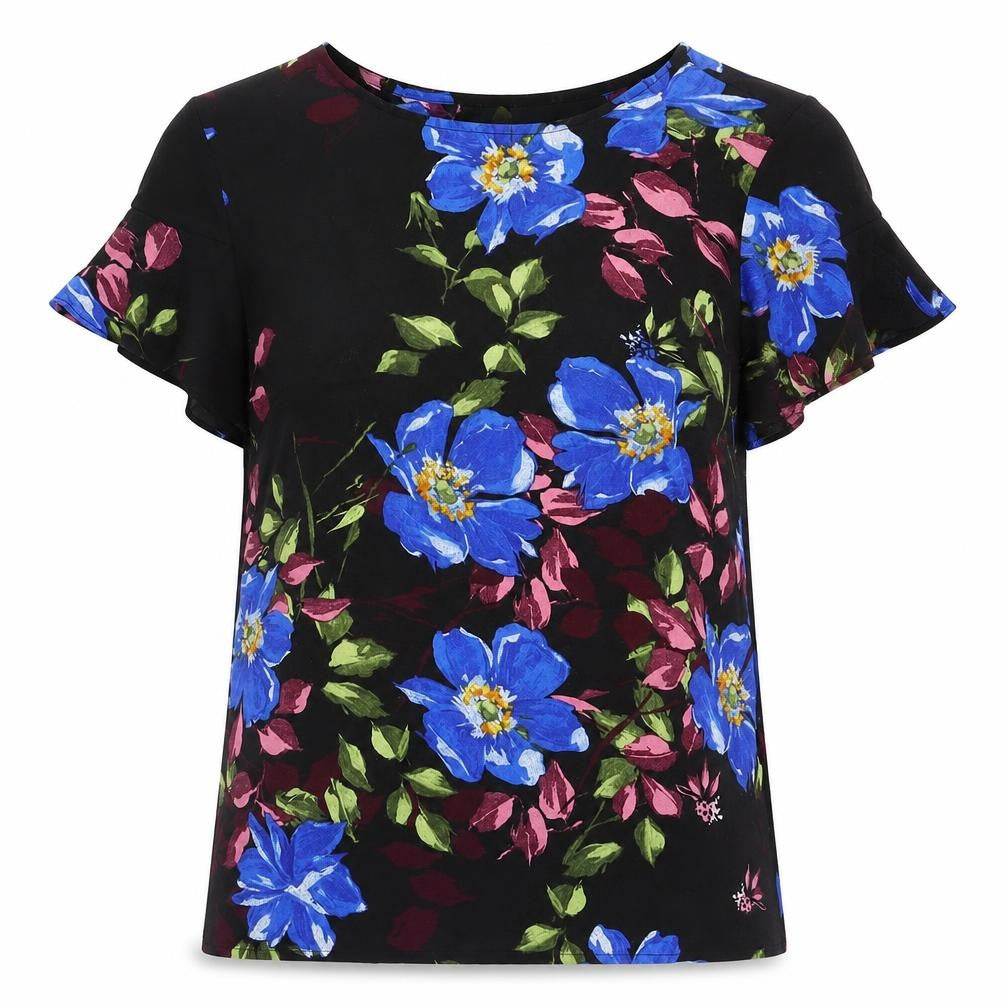 Front view of VILA women’s black floral polyester basic t-shirt, size UK 36, round neck