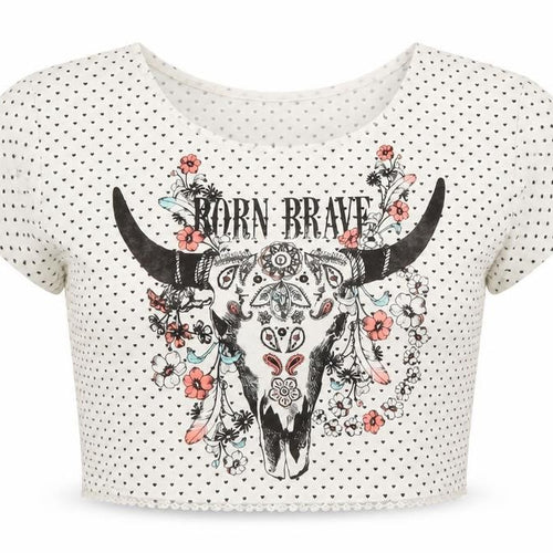 Bershka Girls White Polka Dot Polyester Cropped T-Shirt Size S Round Neck Pullover