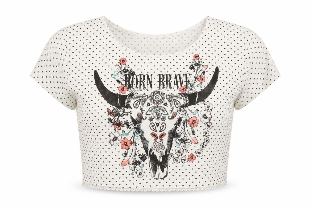 Bershka Girls White Polka Dot Polyester Cropped T-Shirt Size S Round Neck Pullover