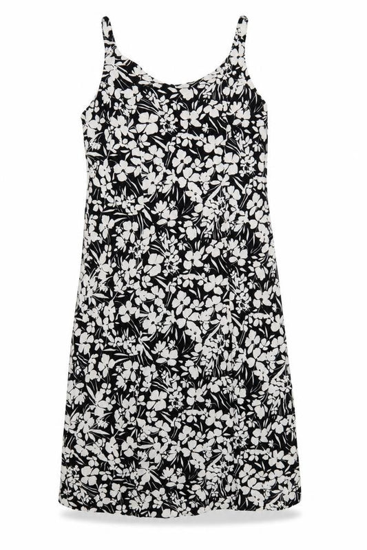 Front view of Primark women’s black floral viscose a-line, size UK 10, scoop neck pullover