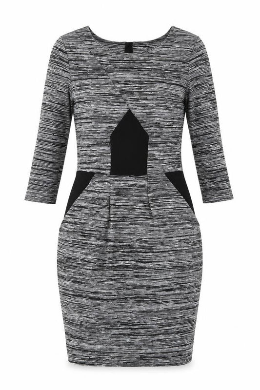 Front view of French Connection women’s grey polyester pencil dress, size UK 10, boat neck zip