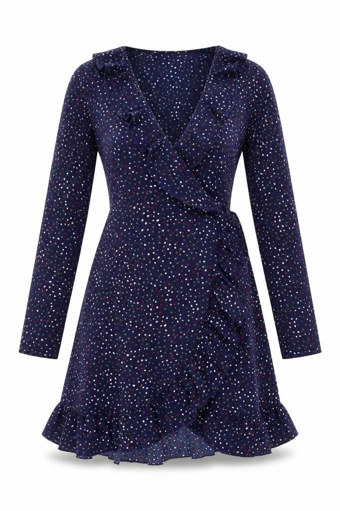 Front view of Jubylee women’s blue geometric viscose fit & flare, size M, v-neck tie