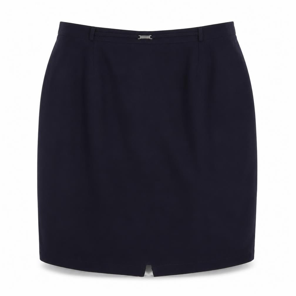 Front view of BM women’s blue polyester mini skirt, size UK 20, in