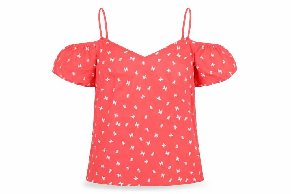Front view of Papaya women’s pink geometric polyester basic blouse, size UK 12, off the shoulder - butterfly