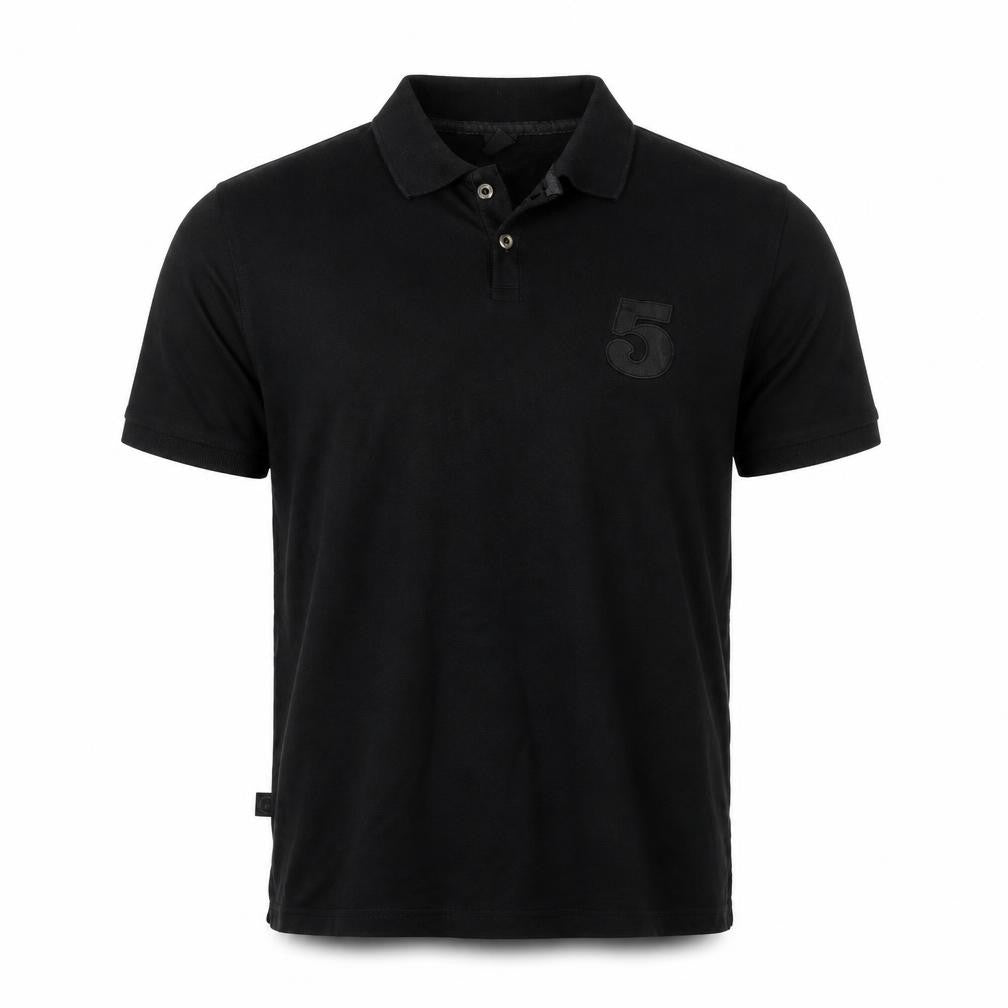 Front view of 5 MAG men’s black cotton polo, size M, collared button