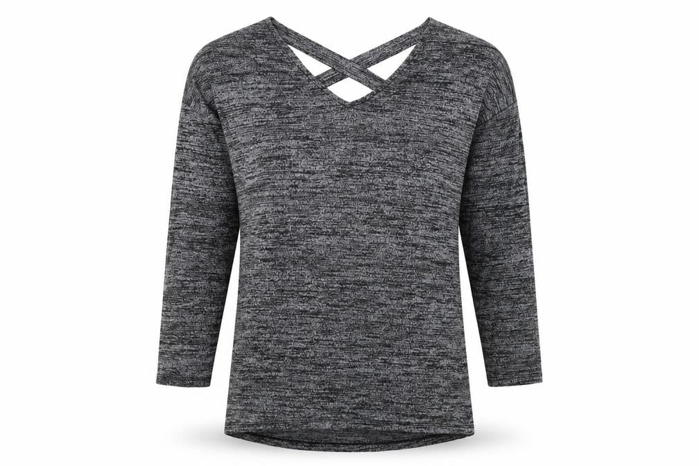 Front view of F&F women’s grey v-neck polyester jumper, size UK 8, - cross back detail