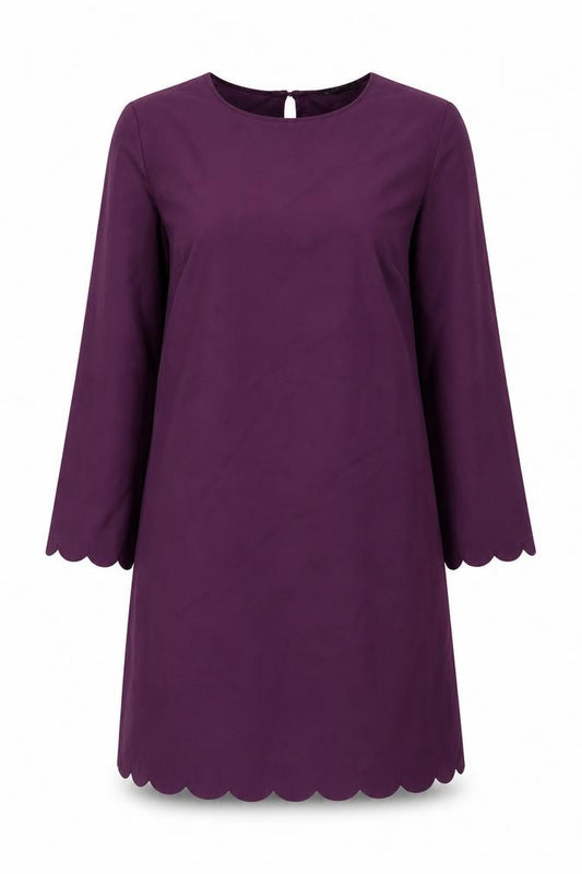 Front view of SHEIN women’s purple polyester a-line, size S, boat neck pullover - scalloped