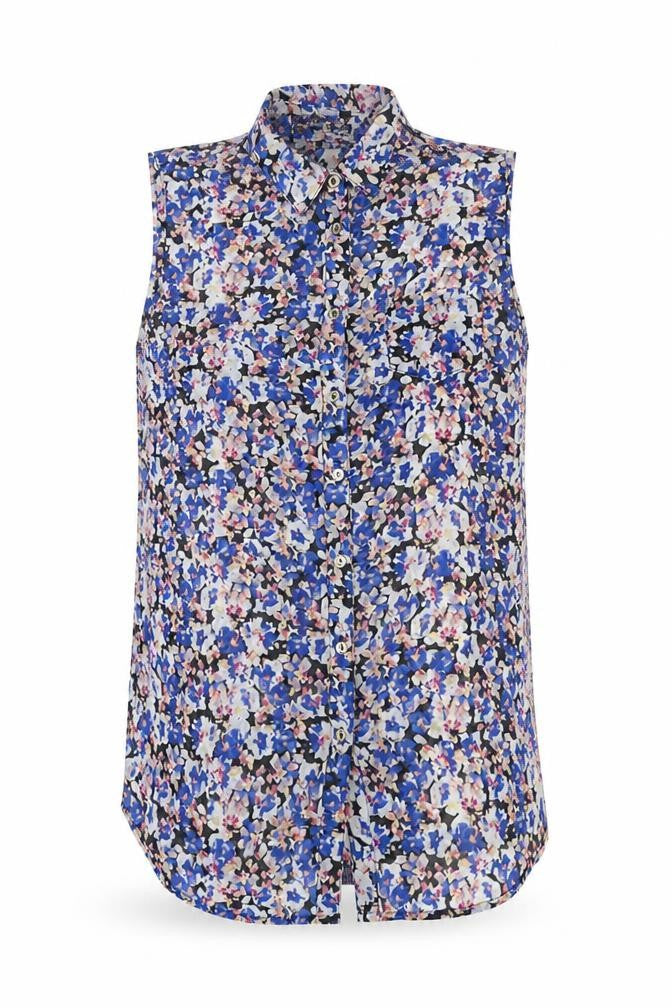 Front view of Primark women’s blue floral polyester basic button-up, size UK 8, collared