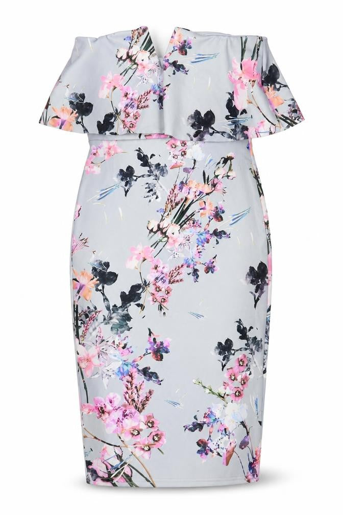 Front view of PRETTYLITTLETHING women’s grey floral polyester pencil dress, size UK 10, off the shoulder pullover