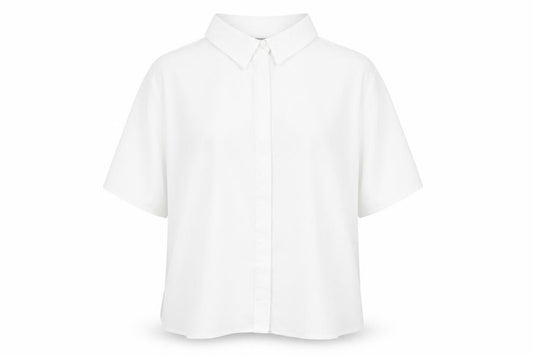 Front view of ASOS women’s white polyester basic button-up, size UK 14, v-neck