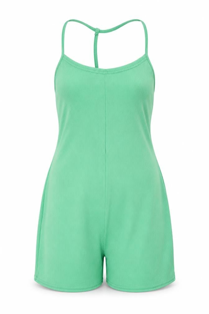 Front view of PRETTYLITTLETHING women’s green viscose playsuit one-piece, size UK 4, pullover