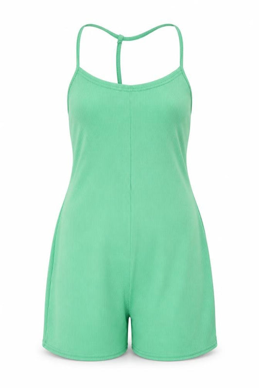 Front view of PRETTYLITTLETHING women’s green viscose playsuit one-piece, size UK 4, pullover