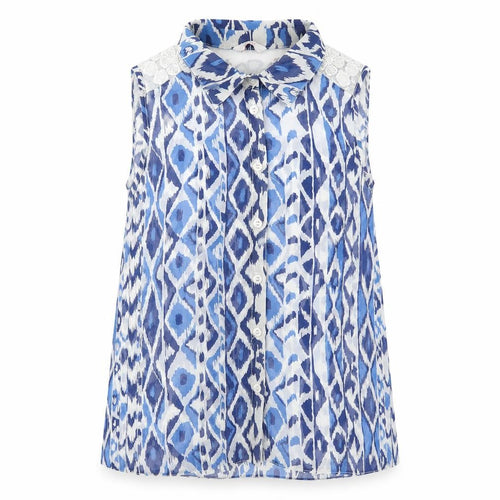 Kylie Girls Blue Geometric Polyester Basic Tank Size 13 Years V-Neck Button - Lace Detail
