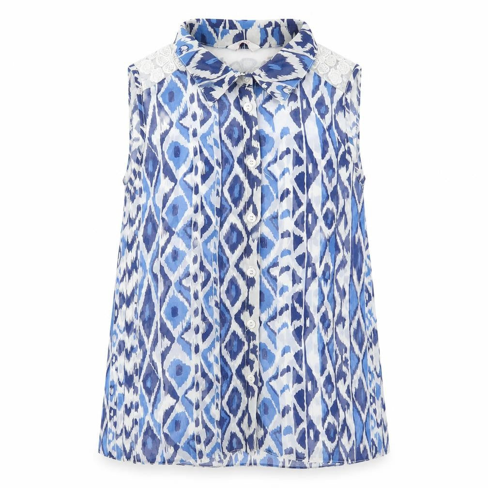 Kylie Girls Blue Geometric Polyester Basic Tank Size 13 Years V-Neck Button - Lace Detail