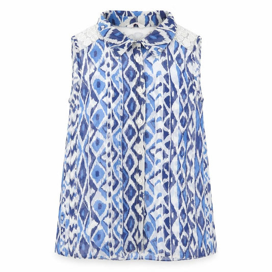 Front view of Kylie girls’ blue geometric polyester basic tank, size 13, years v-neck button - lace detail