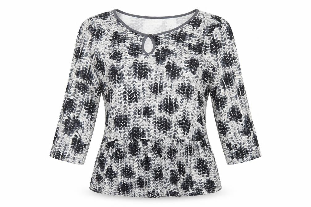 Front view of East women’s black geometric viscose basic blouse, size S, v-neck