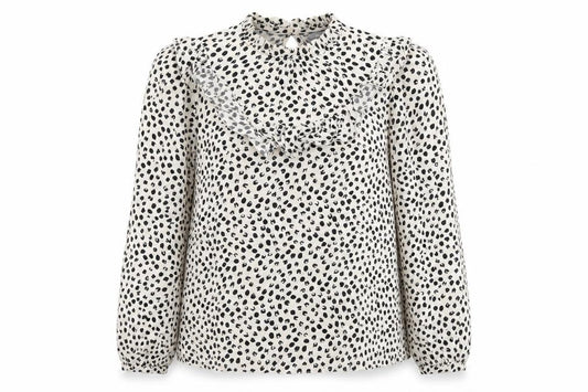 Front view of New Look women’s beige geometric viscose basic blouse, size UK 6, round neck