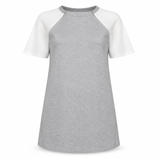Front view of ASOS women’s grey viscose t-shirt dress, size UK 10, round neck zip