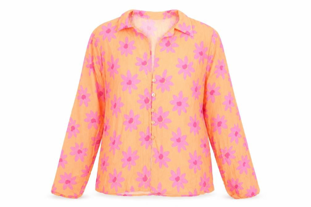 Primark Womens Orange Floral Polyester Basic Button-Up Size 8 V-Neck