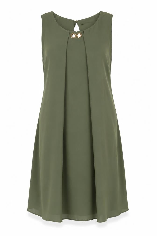Front view of Quiz women’s green polyester a-line, size M, boat neck button