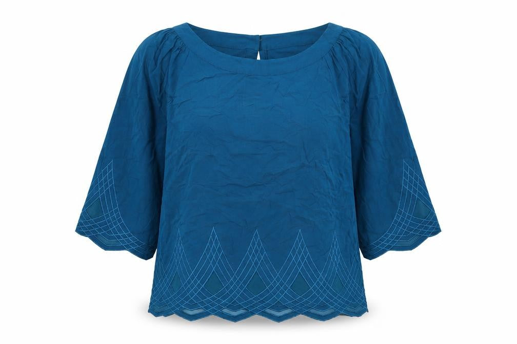 Front view of Warehouse women’s green geometric viscose basic blouse, size UK 10, boat neck