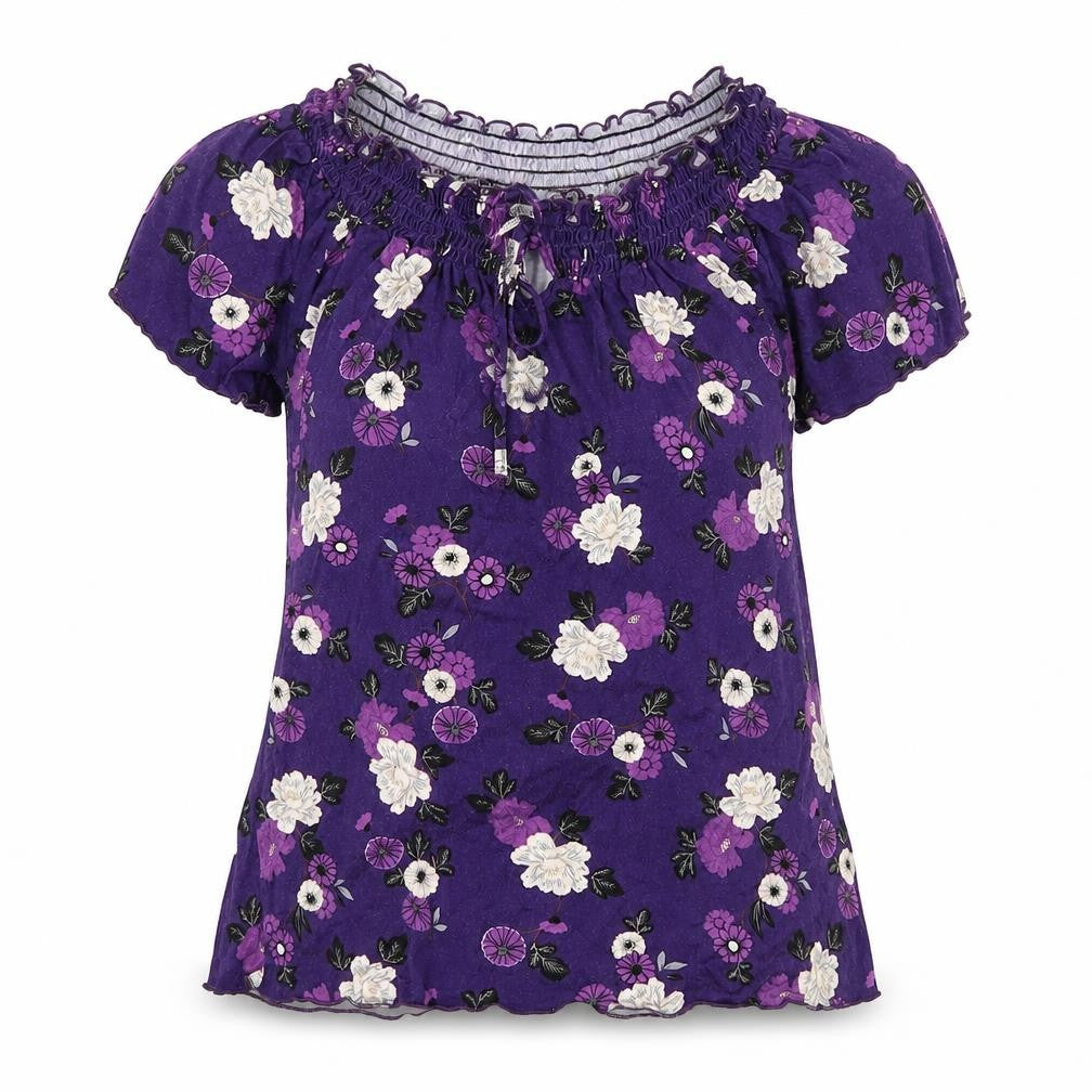 Front view of M&Co women’s purple floral viscose basic blouse, size UK 10, round neck