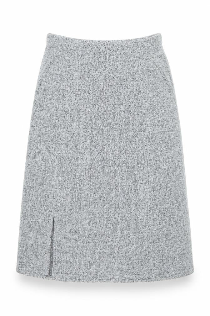 Front view of Preworn women’s grey polyester a-line skirt, size UK 28, in