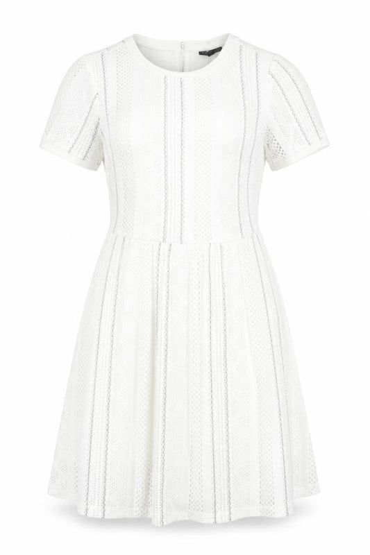 Front view of Topshop women’s white striped polyester fit & flare, size UK 8, round neck zip