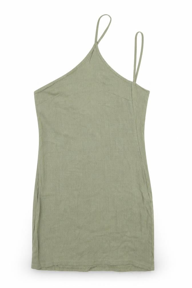 Front view of PRETTYLITTLETHING women’s green viscose mini, size UK 6, halter pullover